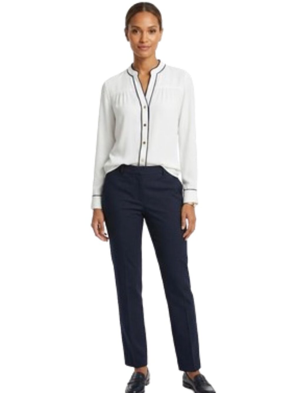 Calvin Klein Modern Minimalist White Split V-Neck Blouse Black Piping, sz Small